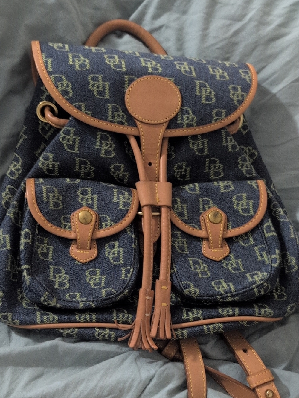 Vintage Dooney & Bourke Navy Monogram Denim Backpack with Tan Leather Trim